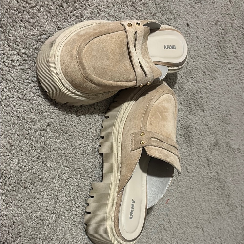 DKNY Tan Suede Platform Loafers